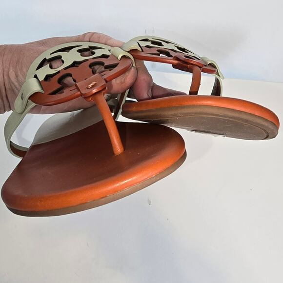 Tory Burch Miller Soft Sandal Bicolor Flat Thong In Spring Spice / Pinefrost  9 - Picture 5 of 9